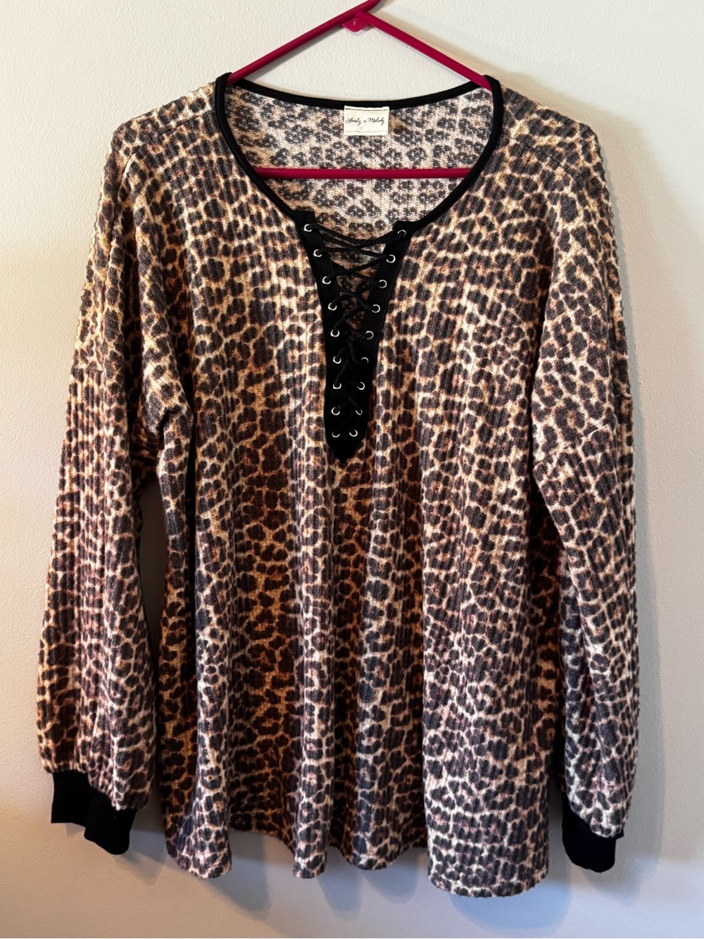 Lovely Melody Brown Leopard-Print Lace-Up Long Sleeve Top
